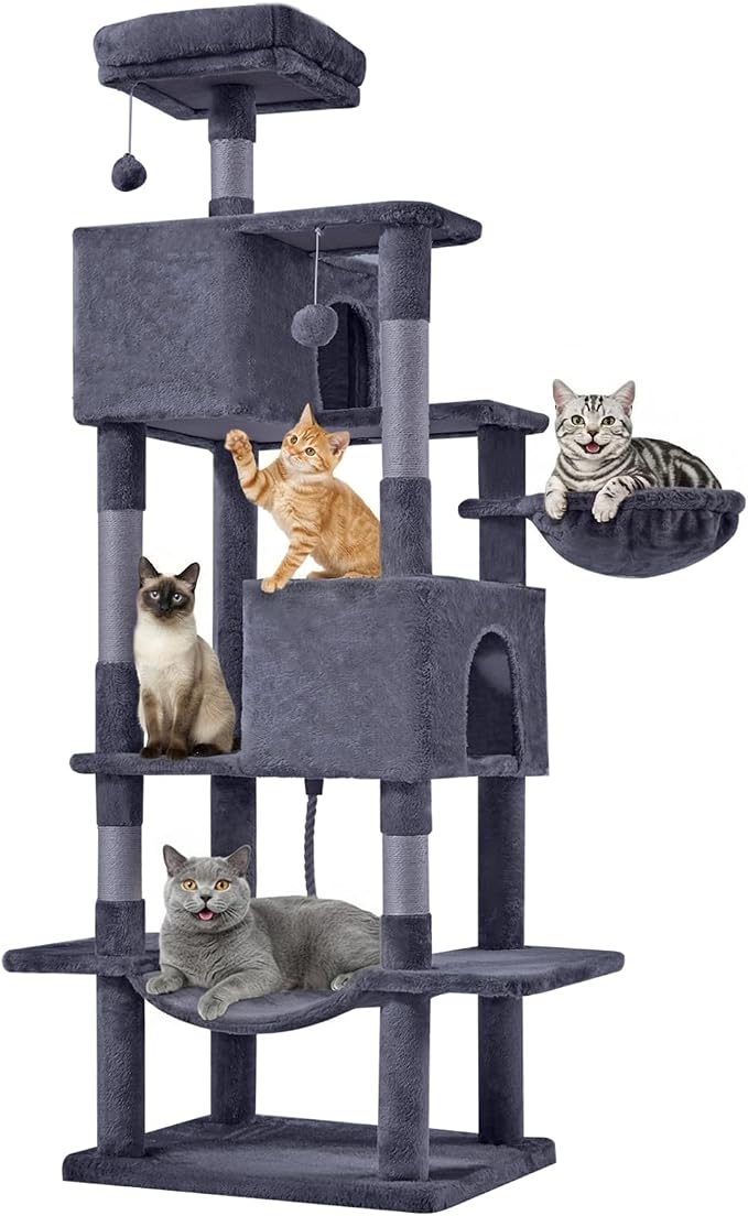 DUMOS Large 66 Inch Cat Tree Tower with Scratching Posts, Indoor Use | Tall Multi Level Cat Climbing Tower with Hammock, Pet Condo for Cats and Kittens Play, Dark Grey