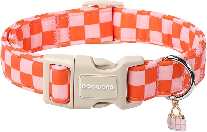 DOGWONG Pink Plaid Dog Collar, Pink Girl Dog Collars, Adjustable Cute Pet Collars Girl Design Dog Collar for Small Medium Large Dogs,L