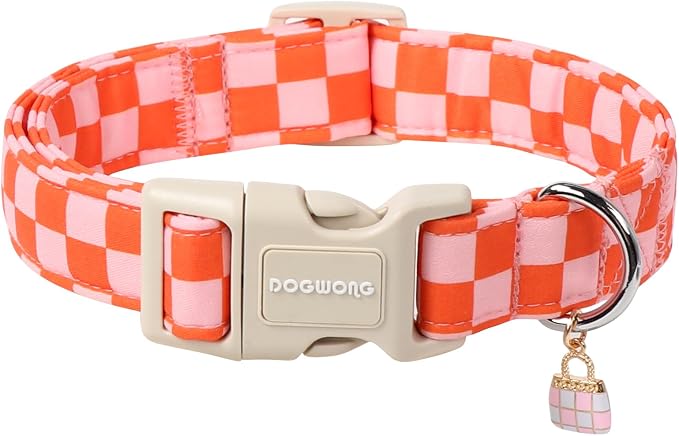 DOGWONG Pink Plaid Dog Collar, Pink Girl Dog Collars, Adjustable Cute Pet Collars Girl Design Dog Collar for Small Medium Large Dogs,XS