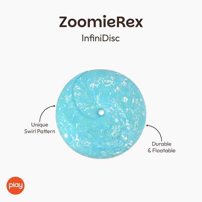P.L.A.Y. Cute Outdoor Dog Toys - ZoomieRex InfiniDisc Rubber Frisbee, Great for Puppies & Small, Medium, Large Dogs - Dishwasher Safe, Lightweight, Floats in Water, Beach Friendly (Blue, Small)
