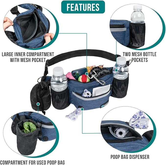 PetAmi Dog Fanny Pack, Treat Pouch for Dog Walking Training, Navy Blue | Built in Poop Bag Dispenser, Water Bottle Holder, Collapsible Bowl, Pet Treat Waist Belt for Hiking Running Kibbles