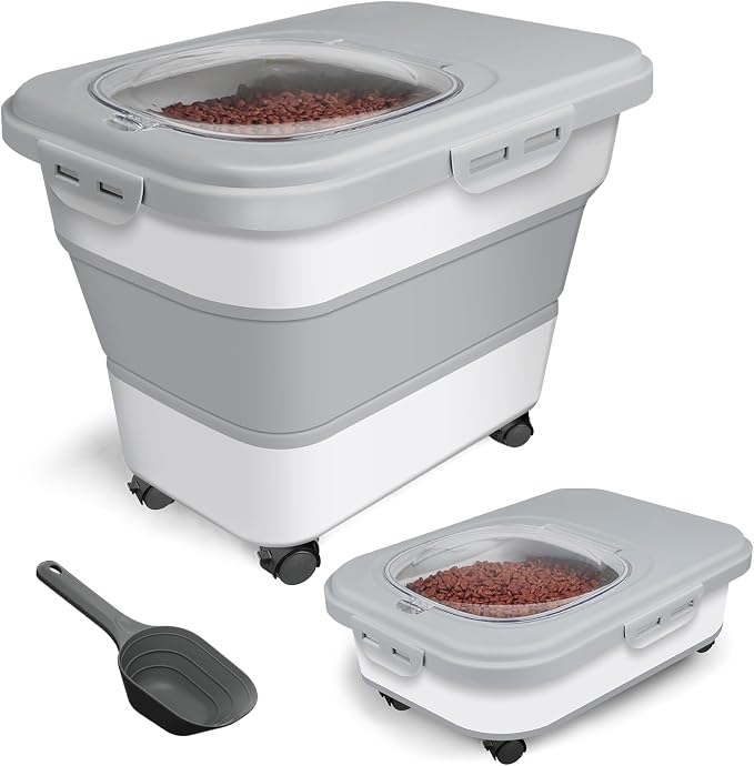 TIOVERY Dog Food Storage Container, 10-20lbs Collapsible Dog Cat Food Containers with Airtight Clear Flip-top，Rolling Wheel and Pet Food Scoop, Pet Food Storage Container Bin for Dog Cat Bird Pets
