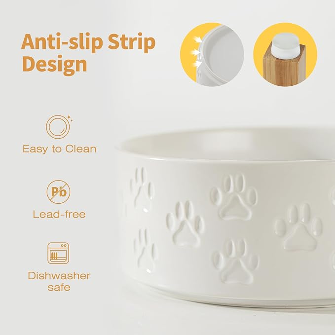 Elevated Ceramic Dog Bowl Set, Anti-Skid Bamboo Stand, White, 8.3 inch | Food and Water Bowls with Fixed Non-Slip Rubber Ring, Microwave Safe, Easy to Clean, 7.5 Cup per Bowl, for Large Breed Dogs