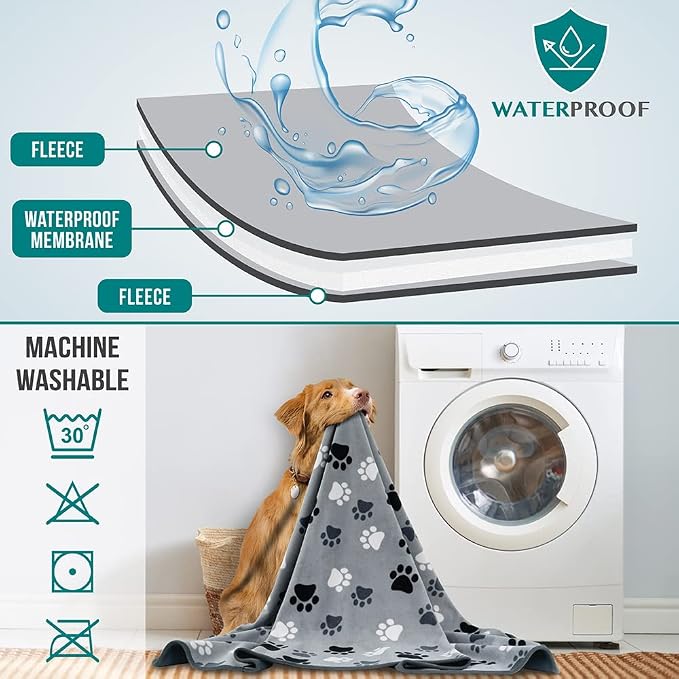 PetAmi Waterproof Dog Blanket for Couch, Pee Proof Reversible Cat Blanket for Sofa Bed Furniture Protector, Soft Fleece Washable Pet Throw for Dogs Cats Puppies Kittens, 40x60 Paw Print Gray