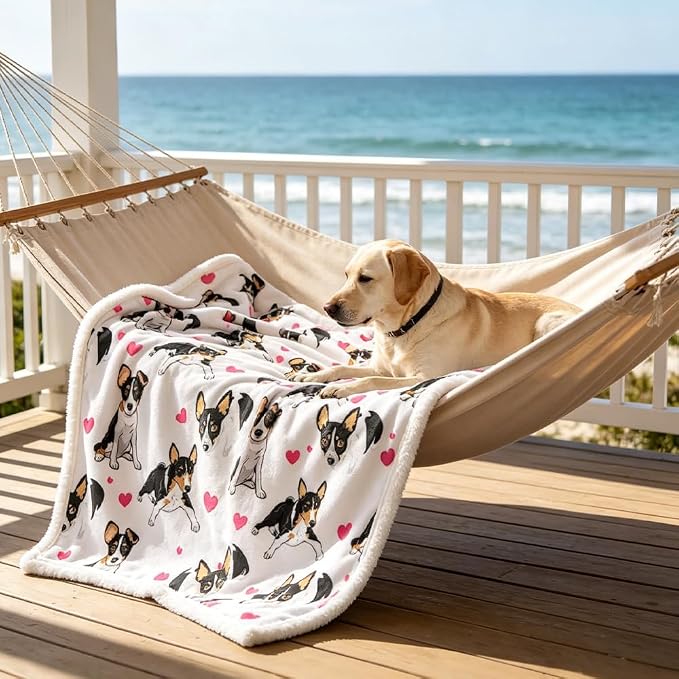 BlessLiving Rat Terrier White Throw Blanket with Dense Black Dog Patterns Sherpa Fleece Blanket Couch Bed, Soft Cozy Warm Pet Blankets for Puppy Lovers Pink Heart Cute Animal Print Gift 60x80 Inches