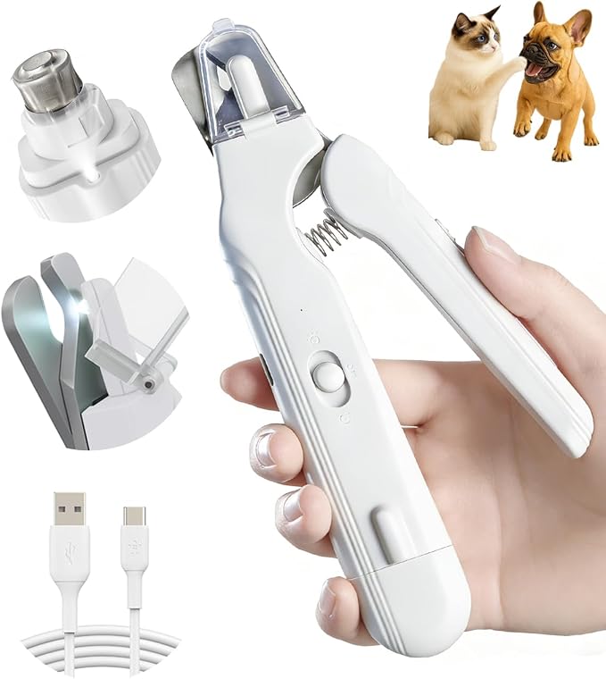 2-in-1 Dog Nail Grinder & Clippers with Dual LED Lights, Electric Pet Nail Trimmer with Safety Guard, USB-C Rechargeable Grooming Tool for Cats and Dogs White