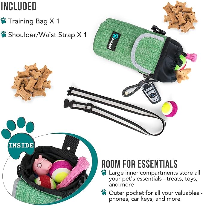 PetAmi Dog Treat Pouch, Large Hands-Free Training Bag, Green | Built-In Poop Bag Dispenser, Holds 3 Cups Of Treats, 4 Ways to Wear, D-Ring, Reflective Strap, Dog Treat Bag for Walking
