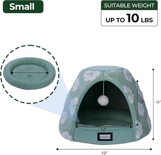 BALANCE Cat Beds for Indoor Cats, 2-in-1 Cat Bed Cave with Anti-Slip Bottom and Ultra-Soft Plush, Cozy Cats House Tent for Kittens and Small Dogs, 19 Inches, Green