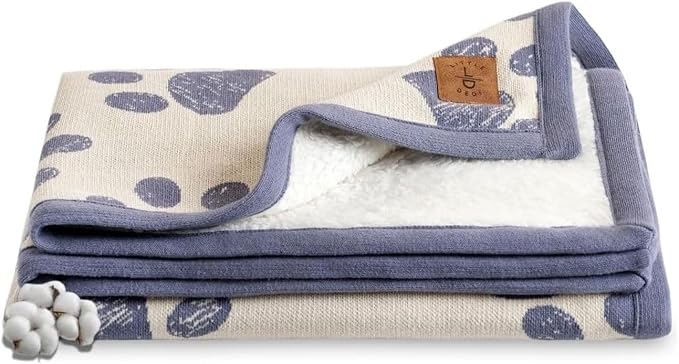 Small Pet Blanket - 100% Organic Cotton, Double Layer Plush Sherpa, Soft Plush, Blue Paw Jacquard Knit, 30"x40", Small Dog Blanket, Ideal Cat Blanket - Soft and Warm