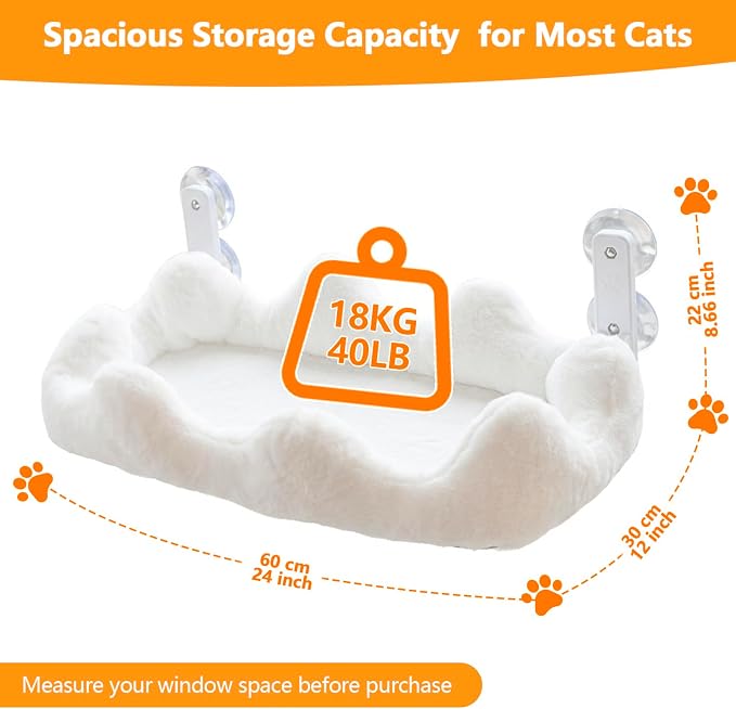 Homegroove Cat Window Perch, 24 x 12 Inch Foldable Cat Hammock for Window with 4-Sided Bolster & 4 Large Suction, Cloud Shape Cordless Window Bed for Indoor Cats (White, Large(24'' x 12''))