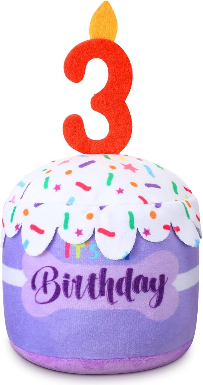 Dansydaisy Dog Birthday Cake Toy Squeaky Plush Toy for Girl Boy Gifts, Chew Accessories for Dog Birthday Party Decor Favor for Large, Medium and Small Dogs(3rd,Purple)