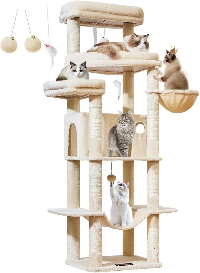 Taoqimiao Heavy-Duty Cat Tree, 71 in Cat Tower for Large Cats 20lbs+ | 3 Giant Multi-Tier Perches, Widened Cat Condo with 9 Scratching Posts, Plush Hammock & Basket, Toys, Beige, MS034M