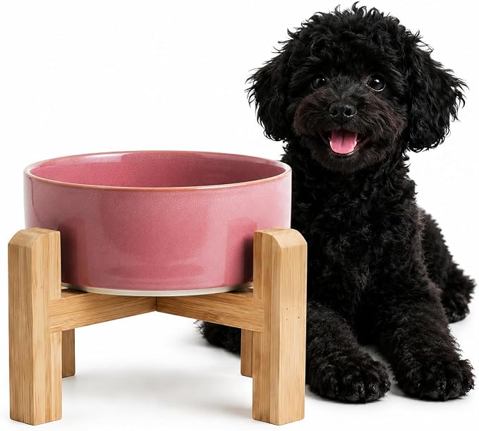 hjn Elevated Ceramic Dog Bowl with Bamboo Stand, Raised Pet Feeding Station for Small Medium Dogs Cats, Modern Design with Anti-Slip Base (Deep Pink, 3.6Cup)
