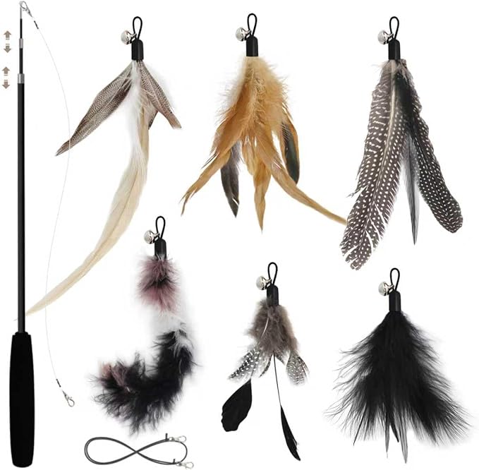 SONGWAY Interactive Cat Feather Toy Set - Retractable Teaser Wand with 6 Pcs Feather Refills with Bell, Cat Wand Toys for Indoor Cats Kittens Play Chase Exercise, Black