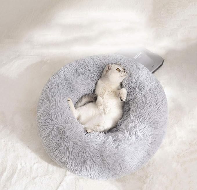 Modern Soft Plush Round Pet Bed for Cats or Small Dogs, Mini Medium Sized Dog Cat Bed Self Warming Autumn Winter Indoor Snooze Sleeping Cozy Kitty Teddy Kennel (20'' D x 8'' H, Light Grey)