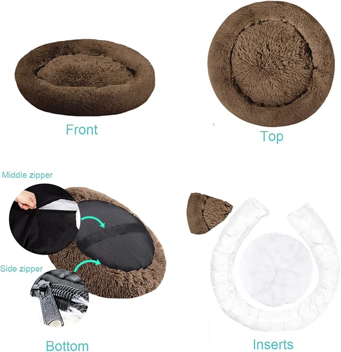 SAVFOX 54 inches Calming Donut Dog Bed - 3X Durable Plush Faux Fur, Machine Washable & Non-Slip, Fits up to 210 lbs, Removable Cover, Brown