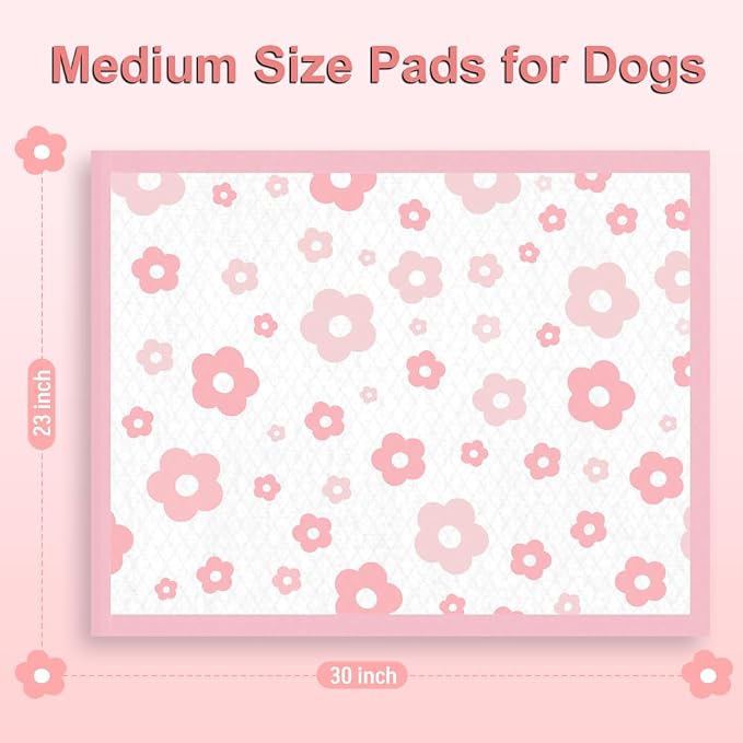 Pink Floral Dog Pee Pads, 23''x30'', 40 Count Leak-Proof Puppy Pads for Potty Training, Quick-Dry & Adhesive Tabs, Cute Flower Print for Small/Medium Dogs with Attractant