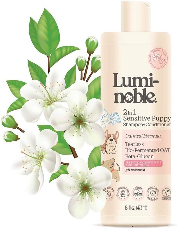 2in1 Hypoallergenic Dog Shampoo & Conditioner, Oatmeal & Collagen Formula | Tearless Dog Wash for Puppies, Itchy Skin Relief, White Musk Scent, Moisturizing & Skin Sensitive Friendly, 16 fl oz