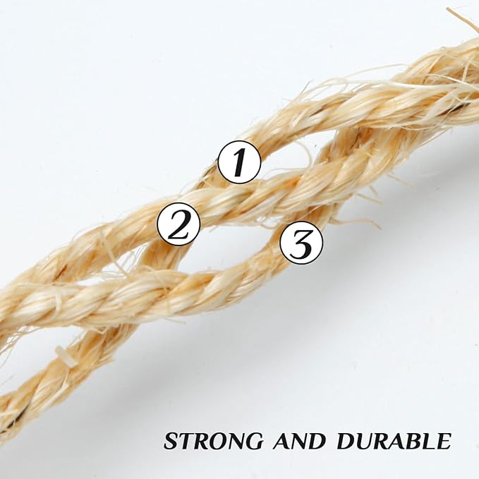 Natural Sisal Rope 1/4 Inch by 49-Feet for Cat Scratching Post Tree Tower Replacement Repair and Replace, DIY Hemp Twine Rope for Kittens Shelves Furniture Window Bed Perch Climbing, 6mm by 15m