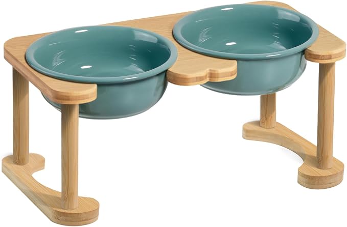 Ceramic Elevated Dog Bowls, Raised Pet Food and Water Bowl Set, Dark Green | Feed Tray For Small and Medium Breeds, 6.9" Wide Double Modern Porcelain Bowls, 6.3" High Wooden Stand, Non-Slip, 28Oz/800ML