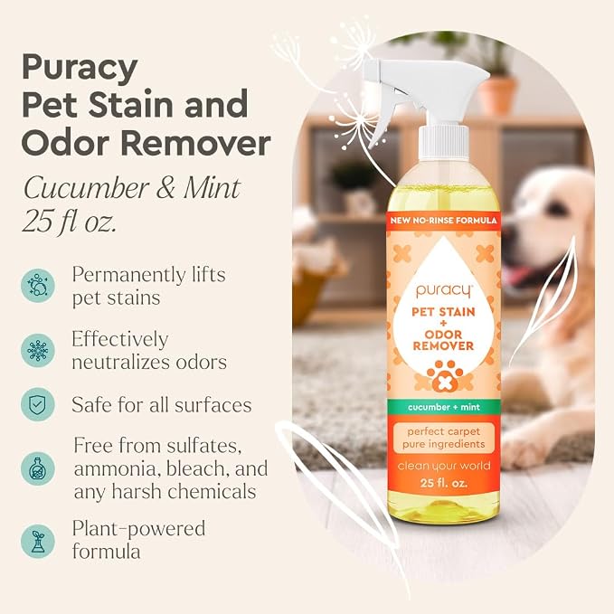 Puracy Pet Stain and Odor Remover - Enzyme Cleaner for Dog & Cat Urine and Poop on Carpet, Professional Pet Carpet Stain Remover, Cucumber & Mint, 25oz
