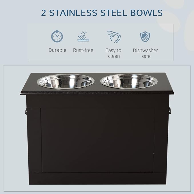 PawHut Raised Pet Feeding Storage Station for Large Dogs, Coffee | with2 Stainless Steel Bowls Base for Other Large Pets