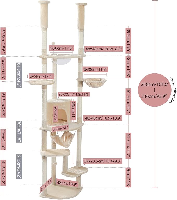 PEQULTI Floor to Ceiling Cat Tree, 92.9-101.6in Adjustable Cat Tower, Beige | Adjustable tower braces floor to ceiling; cozy condo, large hammock, perches & 9 sisal posts on fan base with anti-tip strap