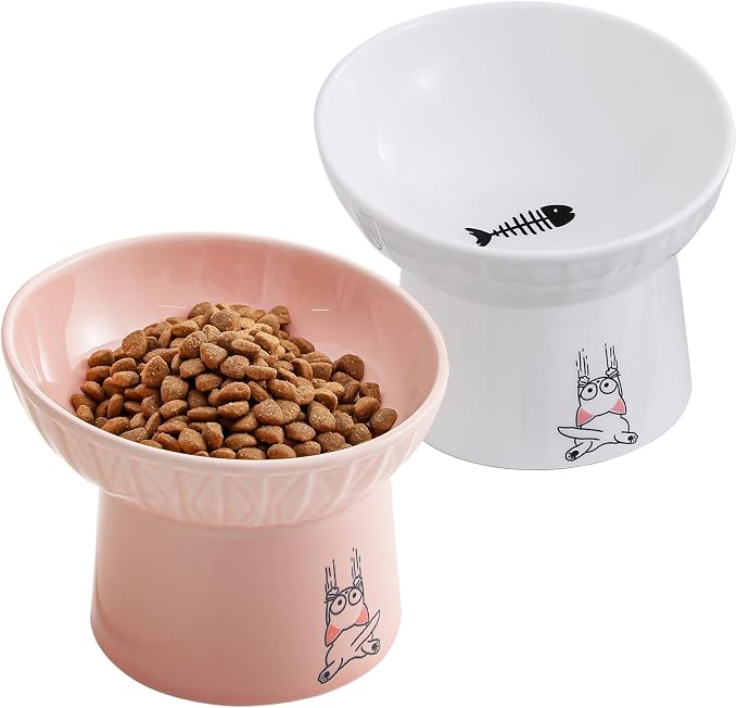 6.5 Inch Extra Wide Ceramic Raised Cat Bowls, Porcelain Tilted Elevated Cat Food Water Bowl Dish, Stress Free Pet Feeder Dishes for Cats & Small Dogs, Whisker Fatigue, White & Pink | Elevated Dishes, Prevent Neck, Whisker Fatigue, Anti Vomit, for Cats ...