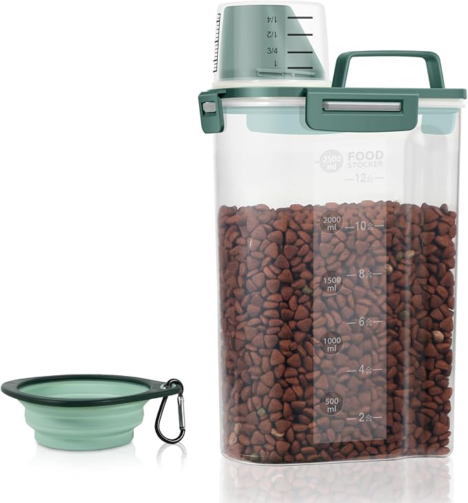 LEAWALK 3-5Lbs/3Qt Dog Cat Food Storage Container With Foldable Bowl, Plastic Pet Food Dispenser for Small Animal Kibble/Pet Food/Bird Seed/Oatmeal/Rice/Flour/Brown Sugart/Cereals (Dark Green)