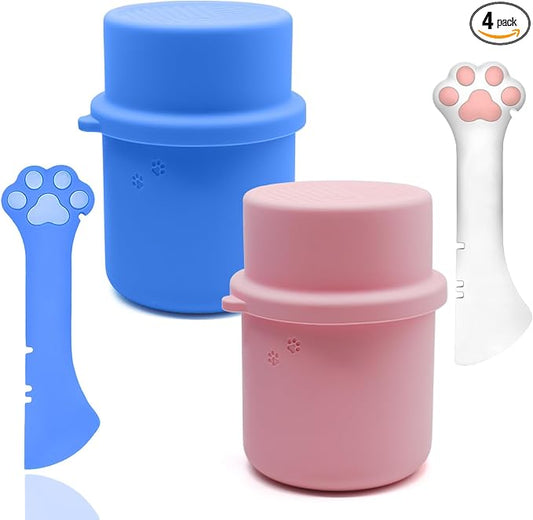 Original Canned Dog Food Storage Container & One Can Spoon | Silicone Can Cover Pet Food Sealer & Cute Paw Shape Opener Spatula | BPA Free, Airtight, Dishwasher & Freezer Safe (Blue+Pink)