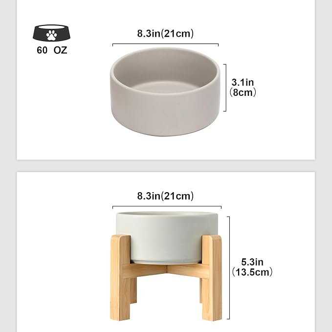 SPUNKYJUNKY Ceramic Elevated Dog Bowls 2 Pack - 8.3inch Raised Dog Bowls with Non-Slip Wooden Stand for Large Dogs Dishwasher Safe(Grey,60OZ*2)