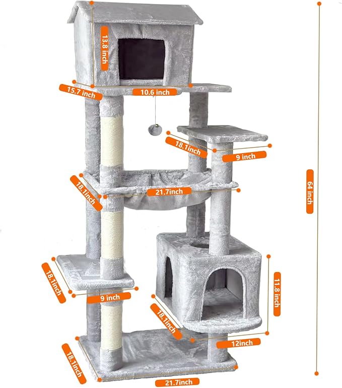 Tall Cat Tree 64 in, Multilevel Cat Tower for Adult Cats, Climbing Tree House and Towers with Condo Hammock Scratching Post Wide Base (Light Gray, 64 in)