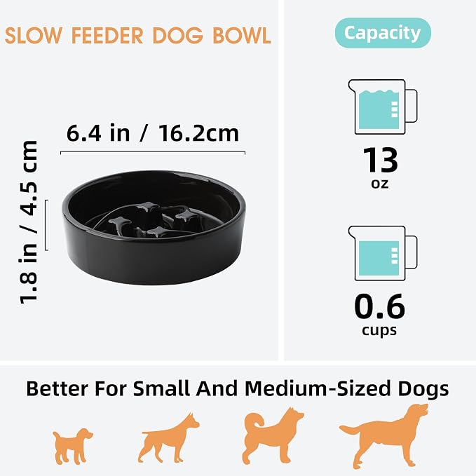 Ceramic Slow Feeder Dog Bowls Small Breed, 0.6 Cups Slow Eating Dog Bowl, Anti-Gulping Puppy Food Bowl Reduce Choking, Puzzle Maze Design Pet Dishes for Fast Eaters, 6.3 inch - Black