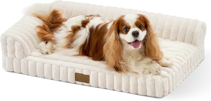 COZY KISS Faux Rabbit Fur Small Dog Bed – 30"x20" Orthopedic Foam Couch with Sides, Removable Washable Cover & Waterproof Lining, Cream