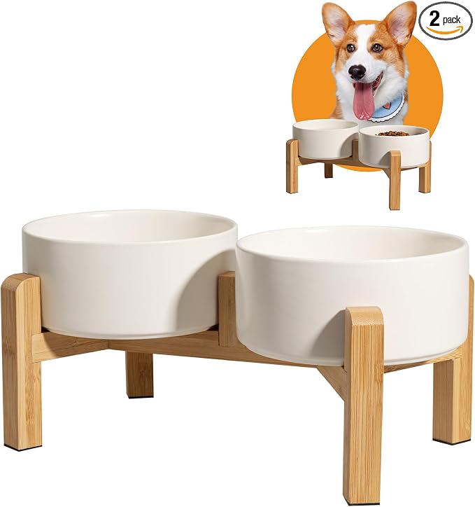 Elevated Ceramic Dog Bowl Set - Raised Dog Bowls with Non-Slip Bamboo Stand - Dog Food and Water Bowl Set - Double Dog Feeding Bowls - Suitable for Small and Medium Dogs - 28.74 OZ - 3.6 CUPS - 850 ML