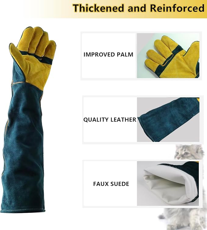 Animal Handling Gloves Bite Proof, 60cm/ 23.6In Scratch Resistant Leather Gloves for Grabbing/Grooming/Handling Dog Cat Bird Snake Parrot Lizard Reptile - Reinforced Palm Protection Gloves
