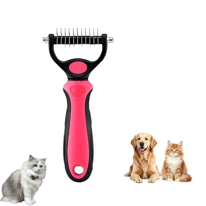 Dematting Comb for Dogs and Cats, 2026 New Undercoat Rake Pet Brush for Long Hair, 2-in-1 Dual-Sided Deshedding Dog Brush Removes Tangles Knots and Loose Fur, Grooming Tool for Thick Coats (Pink M)