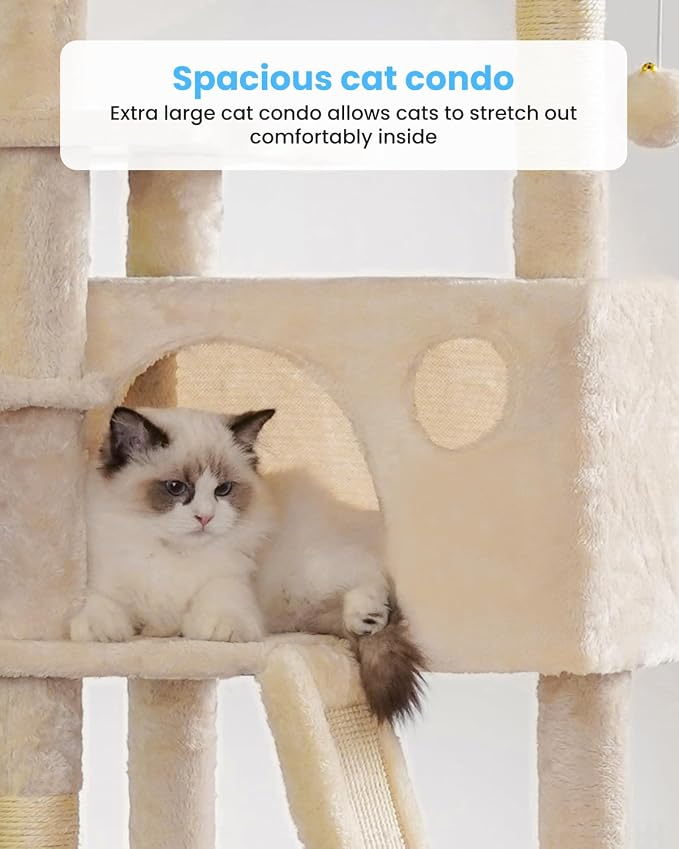 Hey-brother Cat Tree Tower with Padded Platform Bed, Hammock, MPJ019-SM | 53 Inches Cat House with Large Cozy Condo, Toy Balls and Sisal Scratching Posts for Indoor Multi-Cats, Beige