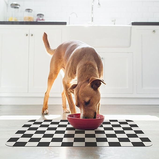 CooRug Checkered Dog Food Mat, Pet Feeding Mat 32" L x 17" W, Black | Absorbent, Leak-Proof, Anti-slip, Quick Dry, Eco-friendly Materials, Easy to clean and store, For Messy Drinkers