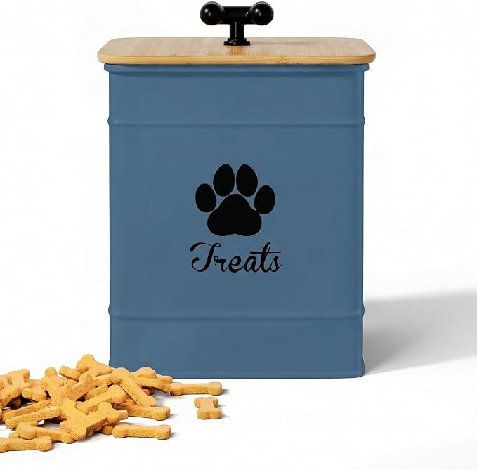 Dog Treat Container Airtight - 6 Inch Wide x 8 Inch Tall Iron Dog Treat Jar for Kitchen Counter with Airtight Bamboo Lid - 12 Cup Capacity Pet Treat Container - Doggie Cookie Jar - Big Treats Canister