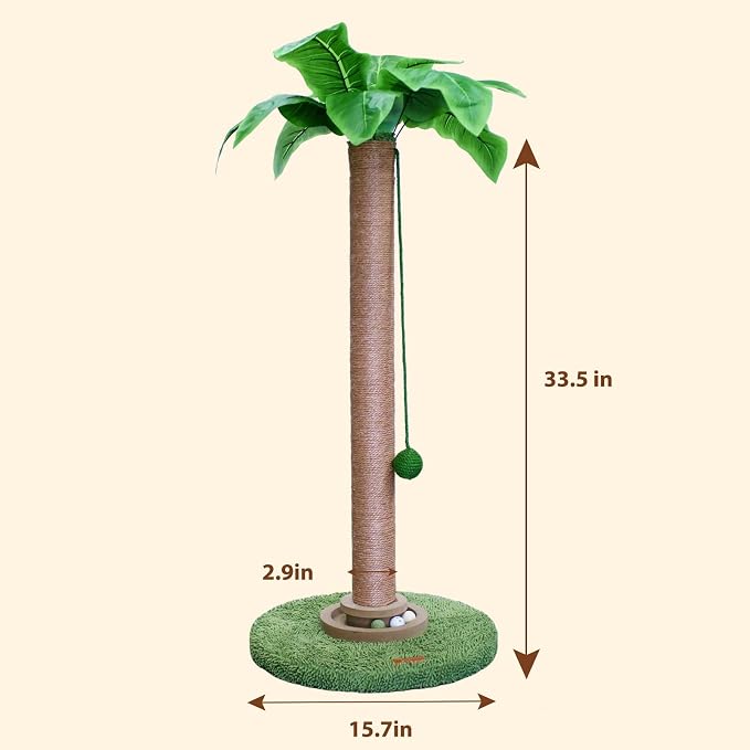 Meowoou Sisal Pole Cat Scratching Post with Wooden Ball Tracker Toy & Interactive Hanging Ball, Natural Palm Leaf Top Cat Tree Tower, 33 inch Tall Round Plush Base Pad for Indoor Kitten Scratcher