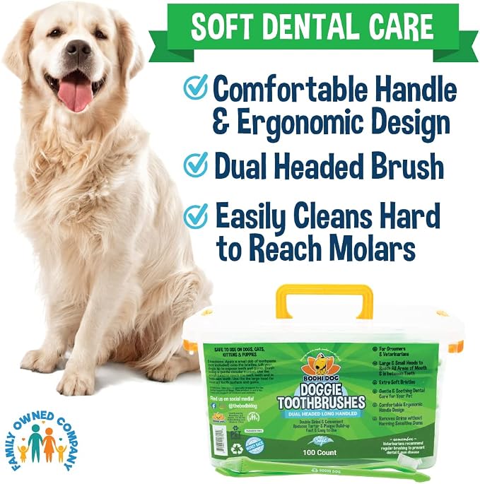 Bodhi Dog Dual-Headed Toothbrush for Dogs & Cats - Soft Bristles for Gentle Pet Dental Care - Puppy & Adult Teeth Cleaning - Easy-to-Use Design for Healthy Gums & Fresh Breath (100 Count)