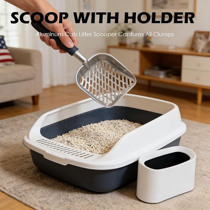 Heavy-Duty Metal Cat Litter Scoop with Holder, Aluminum Cats Litter Scooper Captures All Clumps, Kitty Metal Scooper and Holder (White) | Heavy-Duty Metal Cat Litter Scoop with Holder
