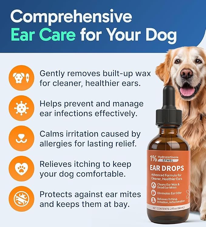 Dog Ear Cleaner Drops with 1% Hydrocortisone, Natural Infection Treatment for Dogs and Cats, Yeast Infection and Itchy Ear Relief, 2 fl oz