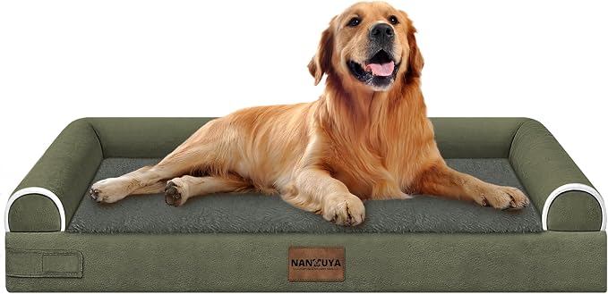 NANUYA Orthopedic Dog Bed for X-Large Dogs, 40 x 32 Inch, Dark Green | Egg crate foam for joint support, 3-sided bolster pet sofa, waterproof lining, washable cover, and non-skid base