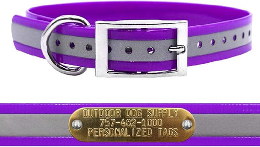 Outdoor Dog Supply 1" Heavy Duty Reflective Waterproof D-Ring Dog Collar for Medium & Large Dogs with 3/4" Custom Brass Nameplate (Reflective Purple, 18")