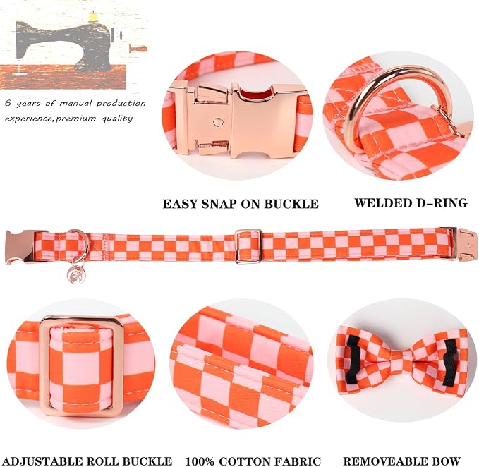 DOGWONG Orange Pink Plaid Dog Collar with Bow - Adjustable and Comfortable Autumn Dog Collar Fall Necklace for Large Medium Small Pet,XS