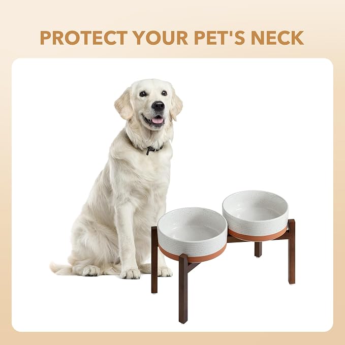 Havniva 8.2" Elevated Dog Bowls Ceramic Raised Dog Bowl with Non-Slip Stand (Acacia Wood) Weighted Dog Food & Water Bowl for Large Breed Dogs - 7.6 Cups 60 oz