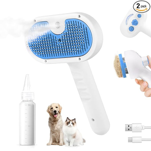Pet Steam Brush for Dog & Cat - 3-in-1 Steam Grooming Brush for Shedding & Hair Removal - Self Cleaning Spray Comb with Mist for Long Haired Pets, Blue(waterless shampoo not include)