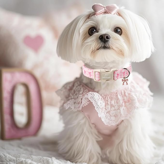 Girl Dog Collar for Medium Dogs - Cute Pink Plaid & Bow Print Spring/Summer Puppy Collar, Soft Adjustable Holiday Female Dog Collars with Quick Release Buckle M